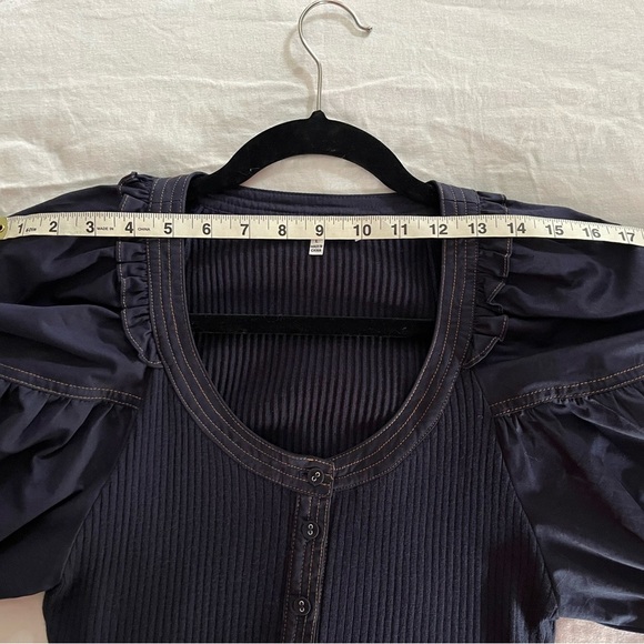 Sofie The Label Blue Exaggerated Puff Sleeve Cropped Button Up Blouse Sz  L EUC - Picture 11 of 16